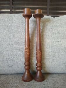 Pair of Wooden Carved Candlesticks 37cm / 14.5" High Vintage *See Photos 4 Cond