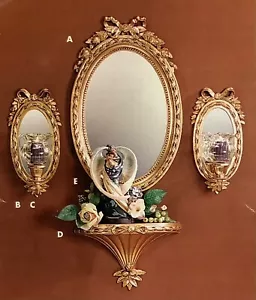 Vtg Lg  bow on top Gold Wall Mirror/Sconces/Shelf, Hollywood Regency SYROCO 6 Ps - Picture 1 of 18