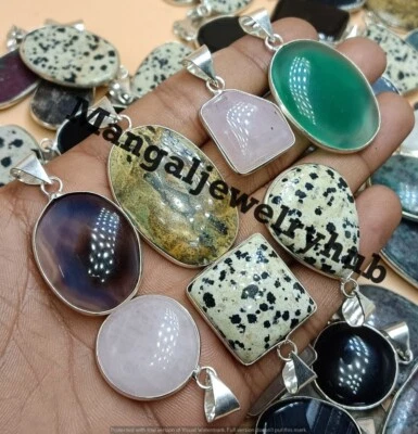 Lote de 5 piezas colgantes enchapados en plata 925 a granel de ónix verde y mezcla de piedras preciosas de moda joyas Foto 1 de 4