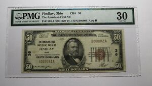 $50 1929 Findlay Ohio OH National Currency Bank Note Bill Charter #36 VF30 PMG