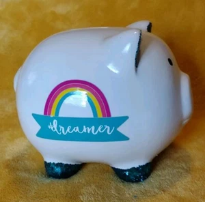 #dreamer Piggy Bank White Ceramic Pig With Blue Sparkle Feet Ears And Rainbow - Picture 1 of 14