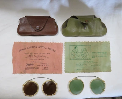 2 1930s-40s Vintage Clip On Sunglasses, Brown Round, Green Heart Shaped - Image 1 of 4