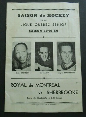 Programa Montreal Royals vs Sherbrooke 1949-50, Ossie Carnegie, Jacques Plante  Foto 1 de 4