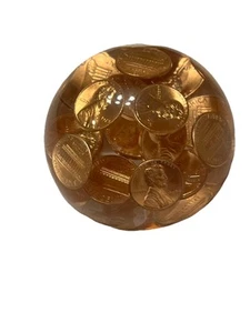 Vintage Lucite 1974 Penny Coins Money Decor Paperweight Half Sphere Acrylic - Picture 1 of 5