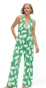 Diane Von Furstenberg Jumpsuit Size Xs Ginko Green Deep V-Neck Halter - Picture 1 of 6