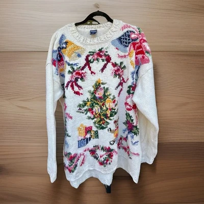 VTG Christmas Sweater Women’s  3X Tree Wreaths Gifts Bells Chunky Knit Holiday - Image 1 of 4