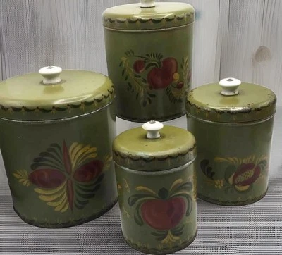 RANSBURG Toleware Metal Canister 4 Pc Set Painted Folk art Olive Primitive Tole - Image 1 of 4