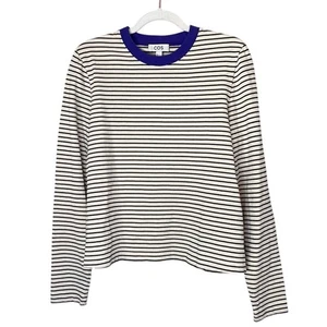 COS Organic Cotton Slim Heavyweight Crewneck Long Sleeve Shirt Cream Stripe Sz L - Picture 1 of 6