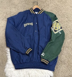 Vintage Starter Milwaukee Brewers Jacket Mens Large Blue Snap Satin Windbreaker - Picture 1 of 10