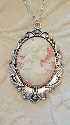 Vintage Victorian Butterfly Large Angelskin Pink Cameo Silver Pendant Necklace - Image 1 of 4