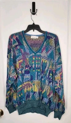 Vintage St Croix Mens Abstract Cotton Blend V-Neck Sweater Colorful Large USA - Image 1 of 4