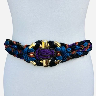 Cinturón Cuerda Nylon Trenzado Muticolor Vintage Años 80 con Medallón Tono Dorado Talla S/M Foto 1 de 4