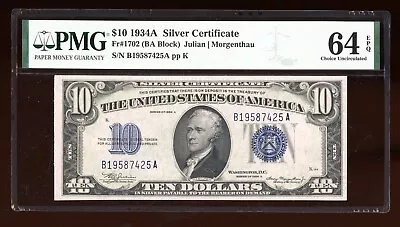DBR 1934-A $10 Silver Fr. 1702 PMG 64 EPQ Serial B19587425A - Image 1 of 2