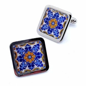 Unique! BARCELONA TILE CUFFLINKS chrome BLUE & YELLOW spain SPANISH traditional - Picture 1 of 1