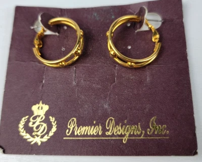 Premier Designs Gold Plated Hoop Earrings 7/8 Pierced Leverback New With Tags - Image 1 of 4