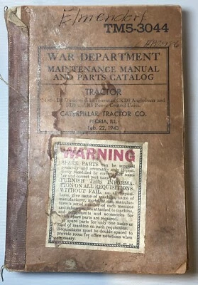 VTG WW2 1943 TM5-3044 Caterpillar Maintenance Manual Parts Catalog CKD8 Dozer Foto 1 de 4