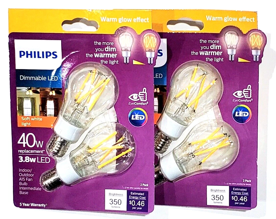 2 Packs Philips Dimmable Led Soft White Light 40w Replacement 3.8w Led A15 - Image 1 of 1