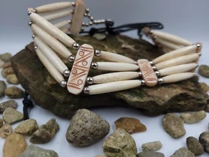 Halsband Halskette Büffelknochen 4-reihig cremeweiß Haarpfeife Indianer Stil - Bild 1 von 7