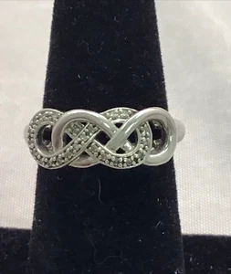 DECADENT DOUBLE INFINITY SIGN ~ GENUINE DIAMOND STERLING SILVER RING ~ SIZE 6.25 - Picture 1 of 5