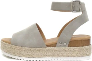 Soda Topic Dove Grey Espadrilles Ankle Strap Studded Open Toe Wedge Heel Sandals - Picture 1 of 5