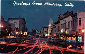 California Postcard Greetings from Monterey CA Alvarado Street View Night Lights - Picture 1 of 2