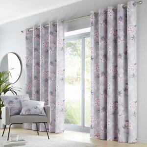 Grey curtains lined eyelet ring pink flowers ready made floral pair window door