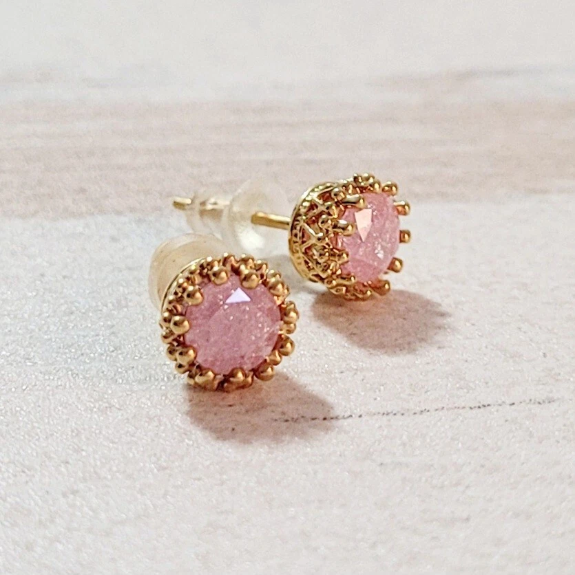 Brincos vintage folheados a ouro 14K formato redondo opala rosa feitos em Israel NOVO - Imagem 1 de 4