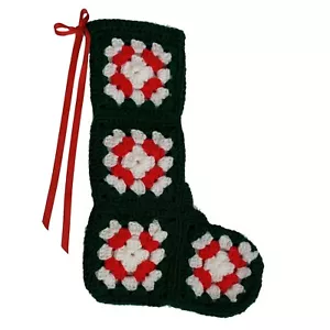 Rot grün gehäkelt Granny Square Weihnachtsstrumpf Vintage Retro 70er Jahre 15" - Bild 1 von 4