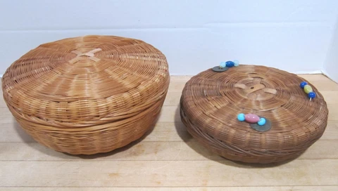 Antique Round Sewing Baskets - 7" diameter with beads, 8" diameter without beads Cover