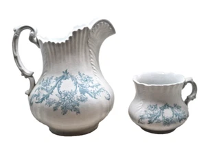 ATQ Waco China E L P Co Pitcher & Shaving Mug White Blue Flowers Transferware - Picture 1 of 6