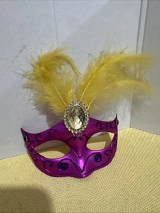 MARDI GRAS Mask Clip-On Ornament Tree Party Decor Purple w/Yellow/Gold Feathers - Picture 1 of 4
