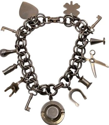 "Pulsera Kent Charm 13 dijes tono plateado 7,5"" joyería retro DE COLECCIÓN" Foto 1 de 3