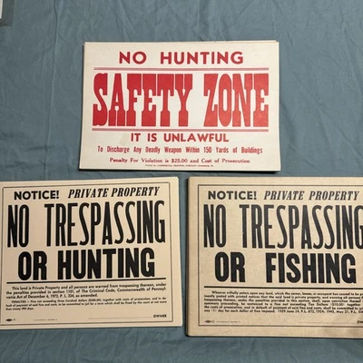 Lot 3 Vintage No Trespassing Sign No Hunting No Fishing SafetyZone Cardstock Bx3 - Image 1 of 4