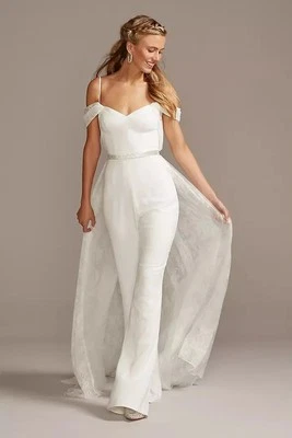 Melissa Sweet Off-the-Shoulder Wedding Jumpsuit with Lace Train - Image 1 of 3