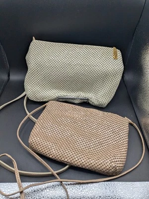 Bolso de Noche de Colección Whiting & Davis Malla Bandolera Correa de Cuero Crema y Tostado 2 Foto 1 de 4