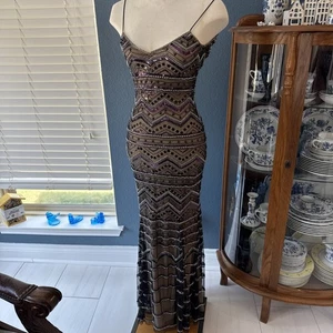 Badgley Mischka Dress Gown Size 4 Purple Black Sequin Beaded Formal Long - Picture 1 of 17