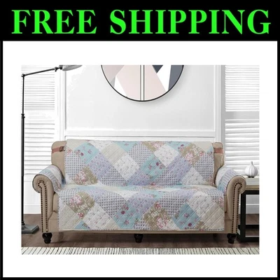 Funda Sofá Reversible Azul Verde Floral Patchwork con Correa Elástica Ajustable Foto 1 de 4