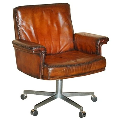 RESTORED MID CENTURY DE SEDE DS35 EXECUTIVE SWIVEL DIRECTORS CHAIR BROWN LEATHER - Image 1 of 4