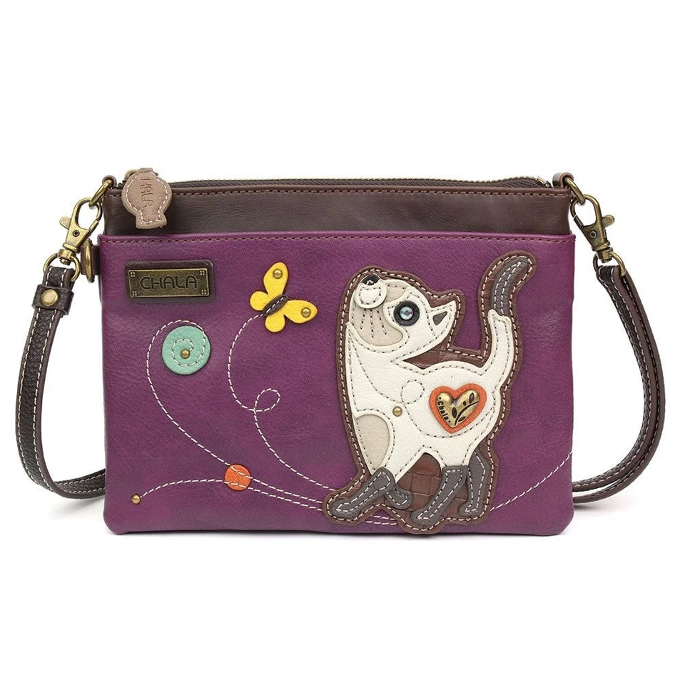Chala Mini Crossbody Bag Pleather Purse Convertible 3 Ways Slim Cat Purple Gift