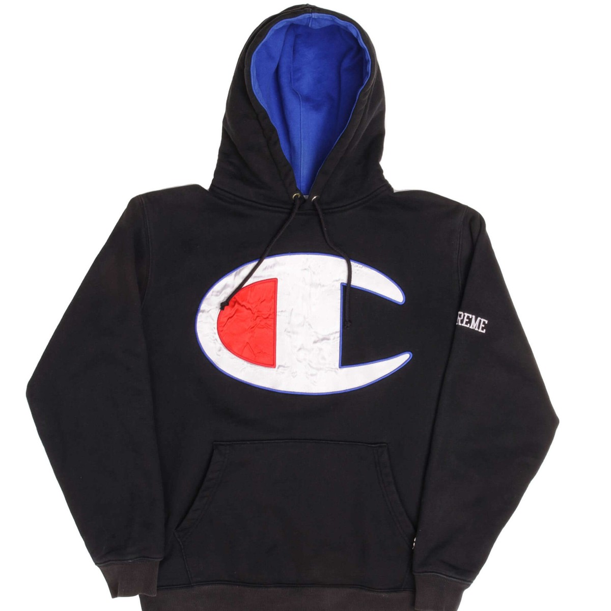 【古着】supreme champion hoodie Lサイズ　navy Vintage Champion X Supreme Hoodie Sweater Big Logo Back Hit