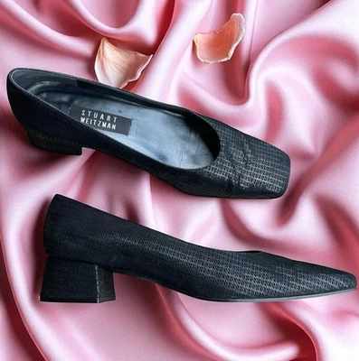 STUART WEITZMAN Black Lines Suede Vintage 90s Low Heel Pumps Square Toe Sz 9.5 - Image 1 of 4