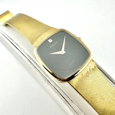 Винтажные мужские японские кварцевые часы Phasar черный циферблат золотистый сетчатый ремешок 30 мм ретро - Изображение 1 из 4