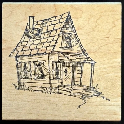 Impresiones artísticas estampillas de goma cabaña casa de campo con ventanas abiertas difícil de encontrar Foto 1 de 2