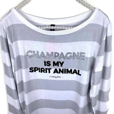 Sudadera Betsey Johnson Gris Blanco Plata Brillo Rayas Gráfico Talla Pequeña Foto 1 de 4