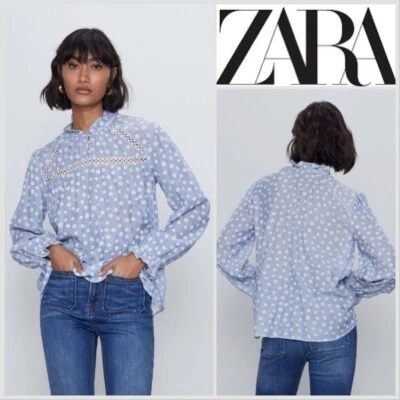 ZARA Blue & White Floral Embroidered Blouse Size XL High Neck Frill Trim Cutwork - Image 1 of 4