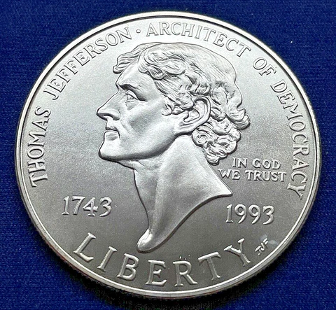1993 THOMAS JEFFERSON COMMEMORATIVE UNCIRCULATED 90% Silver Dollar-FREE SHIPPING Cover