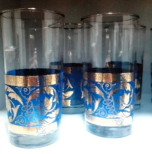 Set of 10 Cobalt Blue and Gold La Maison Supreme Highball glasses  Cocktail 50s - Picture 1 of 4