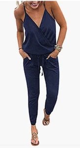 PRETTYGARDEN Women's V Neck Sleeveless Wrap Jumpsuit Drawstring Waist Sz M -Blue - Picture 1 of 6