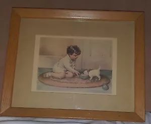 Nice, Framed Picture of Little Boy Feeding a Small White Kitten - Picture 1 of 6