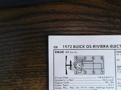 Buick & GS 1972 serie ocho modelos 225 250 y 260 HP 455 CI V8 4BBL tabla de puesta a punto Foto 1 de 4